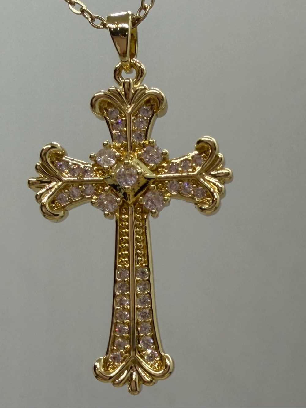 Gold Tone Cross Pendant Necklace with clear Crystals